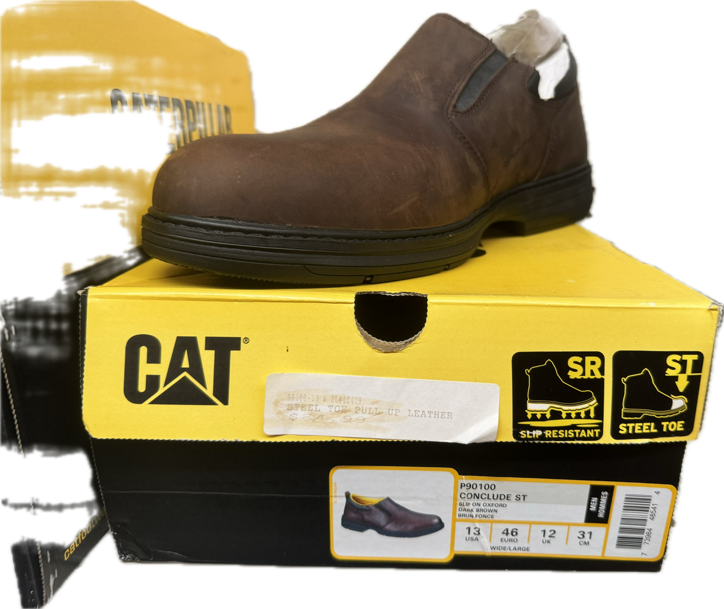 CAT Conclude ST Steel Toe Slip-On Work Shoes – Dark Brown Leather – Men’s Size 13 Wide – Style P90100 – Brand New